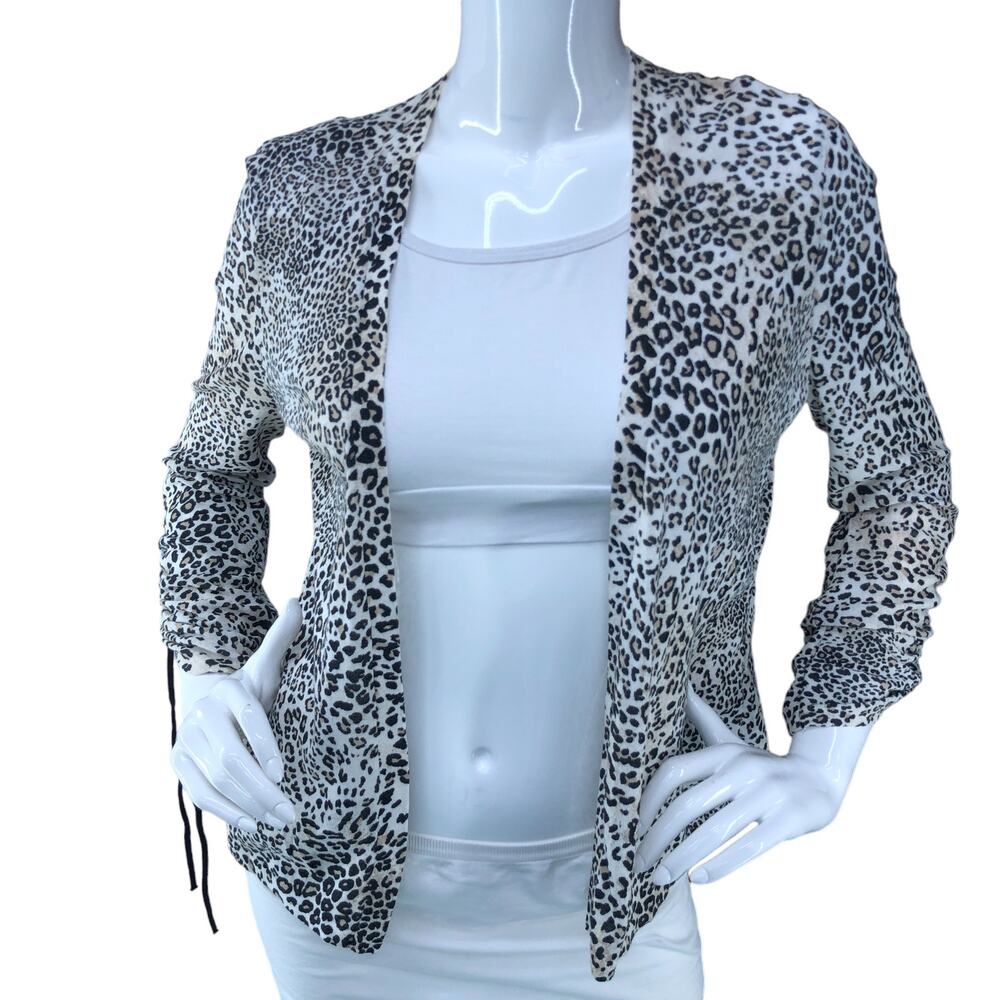 Chicos Womens Size 0 US 4/6 Cardigan Sweater Animal Print Ruched Sleeve Open